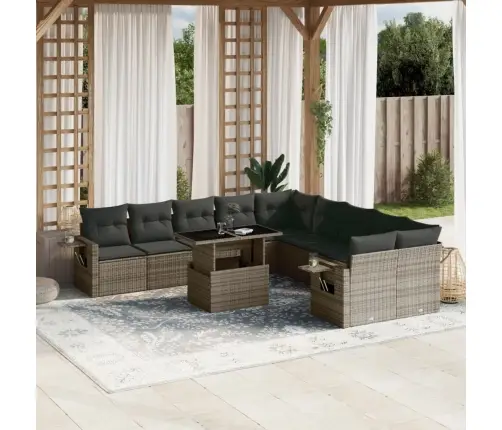 11-Daļīgs Dārza Dīvāna Komplekts Ar Matračiem, Pelēks Pe Pinums Vidaxl