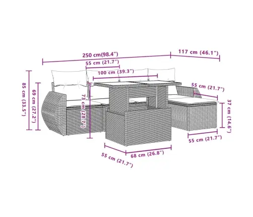 6-Osaline Aiamööblikomplekt Patjadega, Pruun, Polürotang