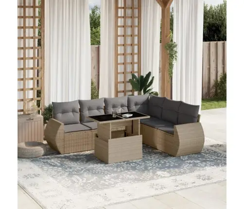 7-Daļīgs Dārza Dīvāna Komplekts, Matrači, Bēša Pe Rotangpalma Vidaxl