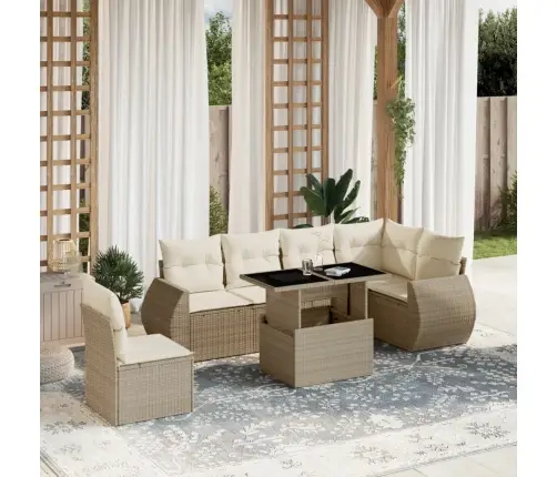 Sofos Komplektas Su Pagalvėlėmis, 7 Dalių, Smėlio, Poliratanas