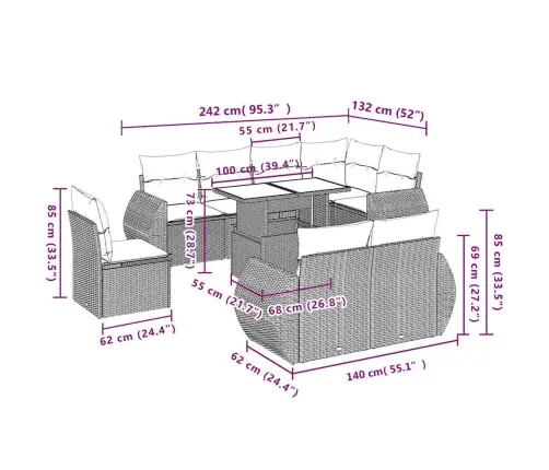9-Daļīgs Dārza Dīvānu Komplekts, Matrači, Bēša Pe Rotangpalma Vidaxl