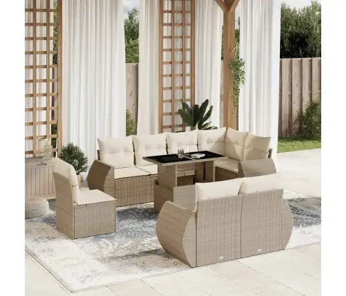 9-Daļīgs Dārza Dīvānu Komplekts, Matrači, Bēša Pe Rotangpalma Vidaxl