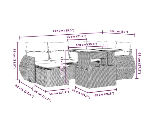 7-Osaline Aiamööblikomplekt Patjadega, Helehall, Polürotang