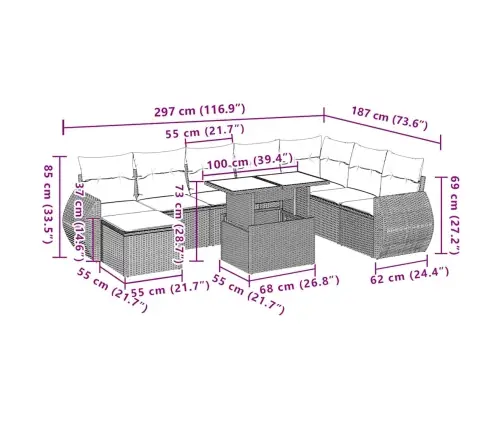 9-Daļīgs Dārza Dīvāna Komplekts,Matrači, Gaiši Pelēka Pe Pinums Vidaxl