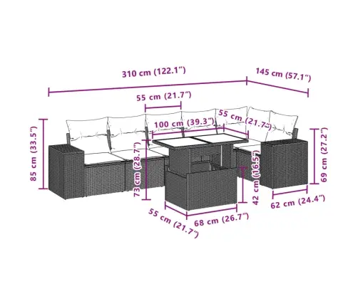 7-Osaline Aiamööblikomplekt Patjadega, Pruun, Polürotang