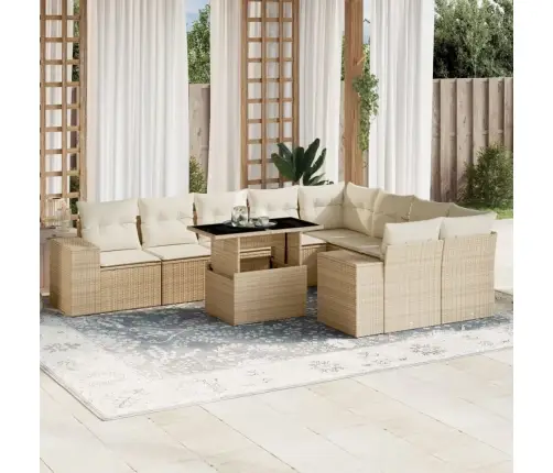 10-Daļīgs Dārza Dīvāna Komplekts, Matrači, Bēša Pe Rotangpalma Vidaxl