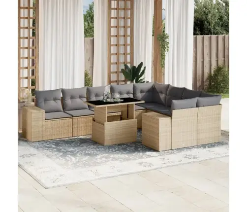 10-Daļīgs Dārza Dīvāna Komplekts, Matrači, Bēša Pe Rotangpalma Vidaxl