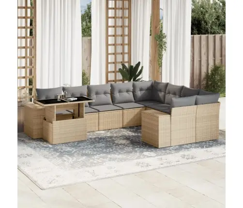 10-Daļīgs Dārza Dīvāna Komplekts, Matrači, Bēša Pe Rotangpalma Vidaxl