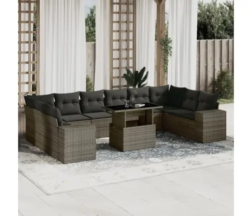 11-Daļīgs Dārza Dīvāna Komplekts Ar Matračiem, Pelēks Pe Pinums Vidaxl