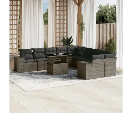 11-Daļīgs Dārza Dīvāna Komplekts Ar Matračiem, Pelēks Pe Pinums Vidaxl