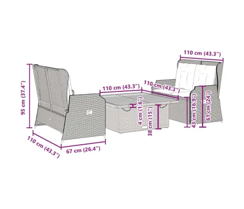 3-Osaline Aiamööblikomplekt Patjadega, Must, Polürotang
