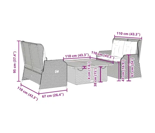 3-Osaline Aiamööbli Komplekt Patjadega, Beež, Polürotang