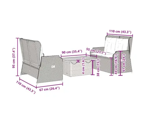 3-Osaline Aiamööbli Komplekt Patjadega, Hall, Polürotang