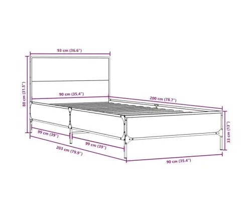 Voodiraam, Sonoma Tamm, 90 X 200 cm Tehispuit Ja Metall