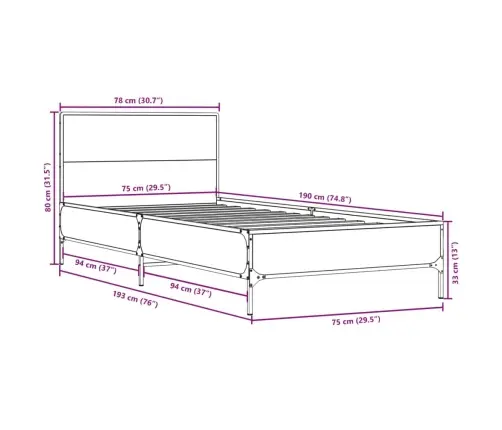 Gultas Rāmis, Ozola Krāsā, 75X190 Cm, Inženierijas Koks, Metāls Vidaxl