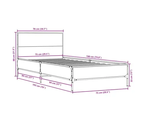 Lovos Rėmas, Pilkas Ąžuolo, 75X190cm Apdirbta Mediena/Metalas