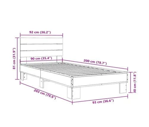 Voodiraam, Sonoma Tamm, 90 X 200 cm Tehispuit Ja Metall