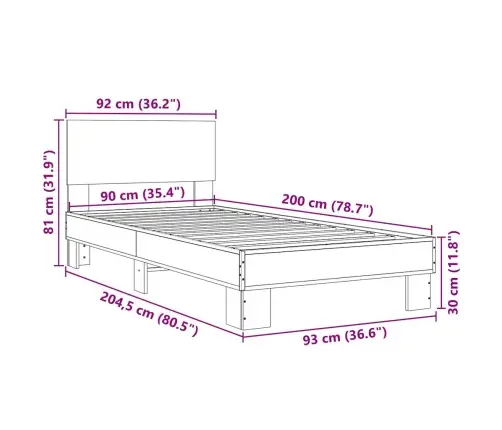 Gultas Rāmis, Ozola Krāsā, 90X200 Cm, Inženierijas Koks, Metāls Vidaxl