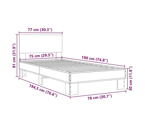 Gultas Rāmis, Ozola Krāsā, 75X190 Cm, Inženierijas Koks, Metāls Vidaxl