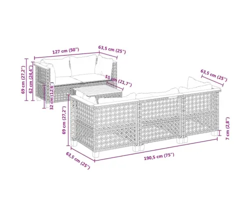 6-Daļīgs Dārza Dīvāna Komplekts, Matrači, Melna Pe Rotanpalma Vidaxl