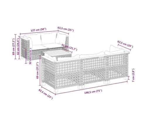 6-Daļīgs Dārza Dīvāna Komplekts Ar Matračiem, Pelēks Pe Pinums Vidaxl