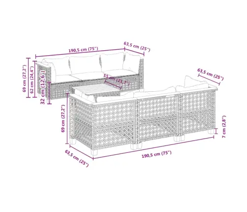 7-Daļīgs Dārza Dīvāna Komplekts Ar Matračiem, Melna Pe Vidaxl