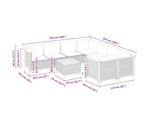 9-Daļīgs Dārza Dīvāna Komplekts Ar Matračiem, Pelēks Pe Pinums Vidaxl