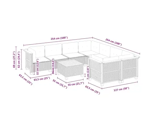9-Daļīgs Dārza Dīvānu Komplekts, Matrači, Bēša Pe Rotangpalma Vidaxl