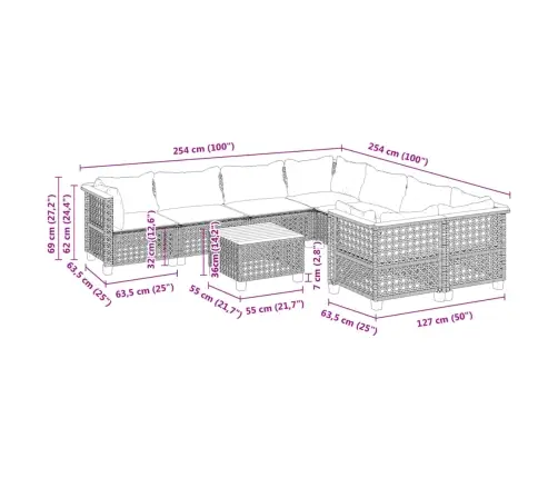 9-Daļīgs Dārza Dīvāna Komplekts Ar Matračiem, Pelēks Pe Pinums Vidaxl