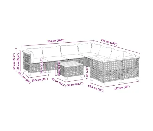9-Daļīgs Dārza Dīvānu Komplekts, Matrači, Bēša Pe Rotangpalma Vidaxl