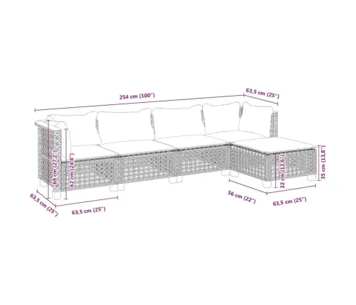 5-Daļīgs Dārza Dīvāna Komplekts Ar Matračiem, Pelēks Pe Pinums Vidaxl