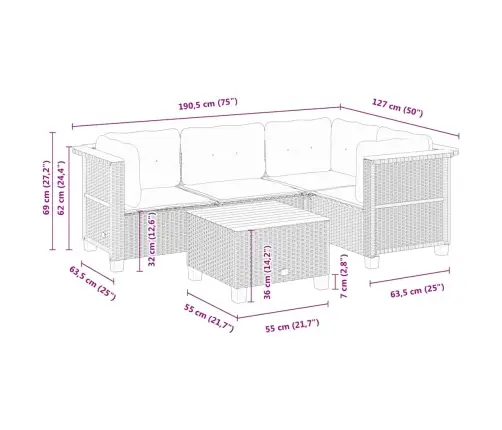 5-Daļīgs Dārza Dīvāna Komplekts, Matrači, Bēša Pe Rotangpalma Vidaxl