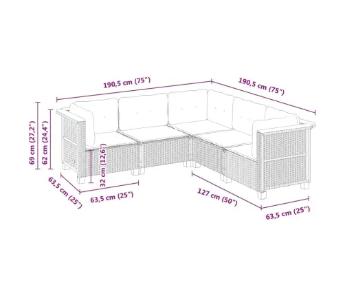5-Daļīgs Dārza Dīvāna Komplekts Ar Matračiem, Pelēks Pe Pinums Vidaxl