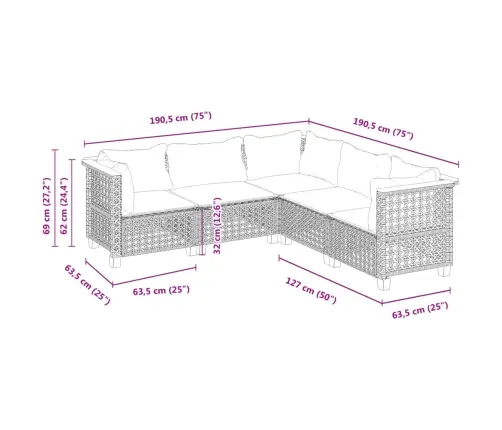 5-Daļīgs Dārza Dīvāna Komplekts Ar Matračiem, Pe Rotangpalma Vidaxl