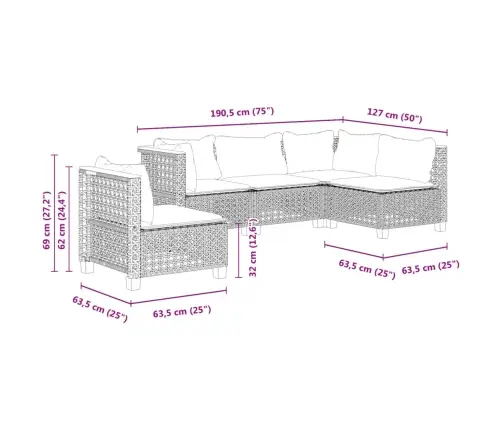 5-Daļīgs Dārza Dīvāna Komplekts Ar Matračiem, Pelēks Pe Pinums Vidaxl