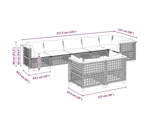 8-Osaline Aiadiivani Komplekt Patjadega, Hall, Polürotang