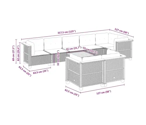 9-Daļīgs Dārza Dīvānu Komplekts, Matrači, Bēša Pe Rotangpalma Vidaxl