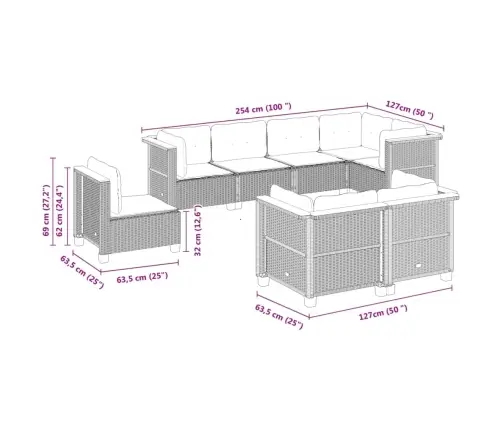 8-Daļīgs Dārza Dīvāna Komplekts, Matrači, Bēša Pe Rotangpalma Vidaxl