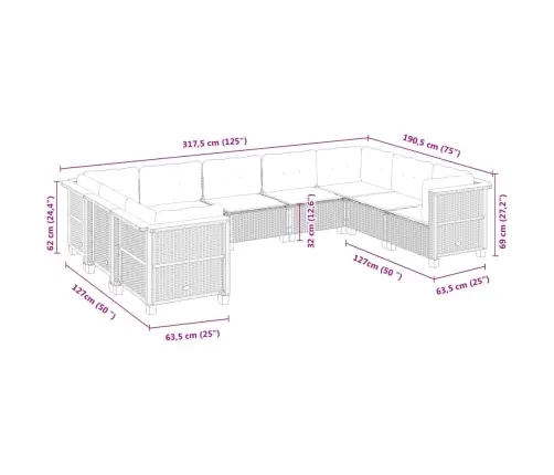 9-Daļīgs Dārza Dīvānu Komplekts, Matrači, Bēša Pe Rotangpalma Vidaxl