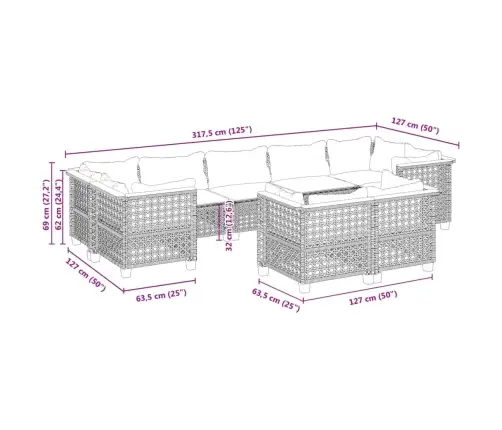 9-Daļīgs Dārza Dīvāna Komplekts, Matrači, Melna Pe Rotangpalma Vidaxl