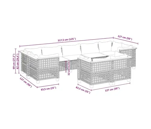 9-Daļīgs Dārza Dīvānu Komplekts, Matrači, Bēša Pe Rotangpalma Vidaxl