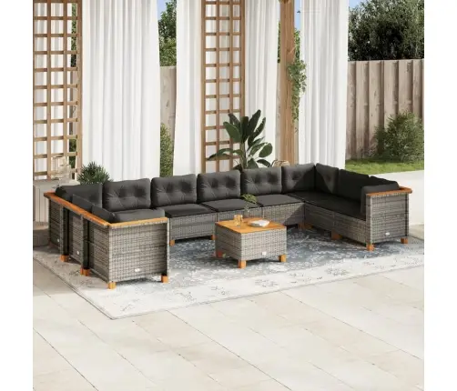 11-Daļīgs Dārza Dīvāna Komplekts Ar Matračiem, Pelēks Pe Pinums Vidaxl