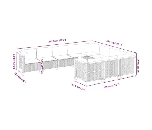 10-Daļīgs Dārza Dīvāna Komplekts, Matrači, Melna Pe Rotangpalma Vidaxl