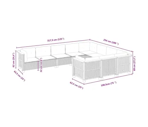 10-Daļīgs Dārza Dīvāna Komplekts, Matrači, Bēša Pe Rotangpalma Vidaxl