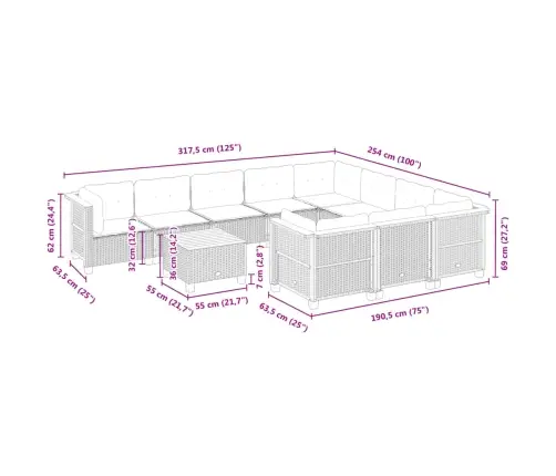 11-Daļīgs Dārza Dīvāna Komplekts, Matrači, Melna Pe Rotangpalma Vidaxl