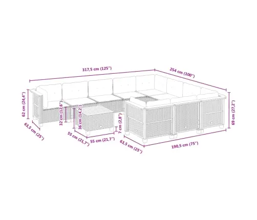 11-Daļīgs Dārza Dīvāna Komplekts Ar Matračiem, Pelēks Pe Pinums Vidaxl