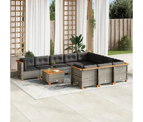 11-Daļīgs Dārza Dīvāna Komplekts Ar Matračiem, Pelēks Pe Pinums Vidaxl