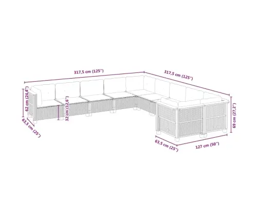 10-Daļīgs Dārza Dīvāna Komplekts Ar Matračiem, Pelēks Pe Pinums Vidaxl