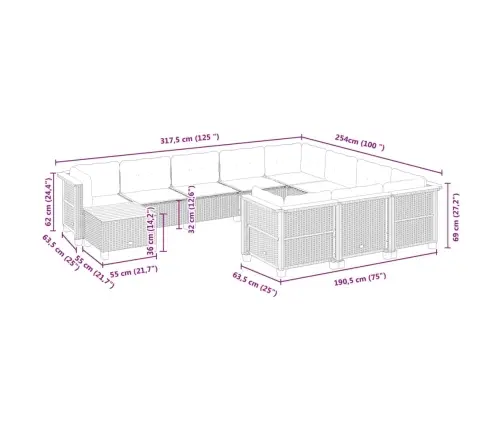 11-Daļīgs Dārza Dīvāna Komplekts, Matrači, Melna Pe Rotangpalma Vidaxl
