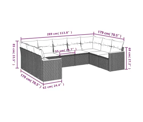 9-Daļīgs Dārza Dīvāna Komplekts Ar Matračiem, Pelēks Pe Pinums Vidaxl